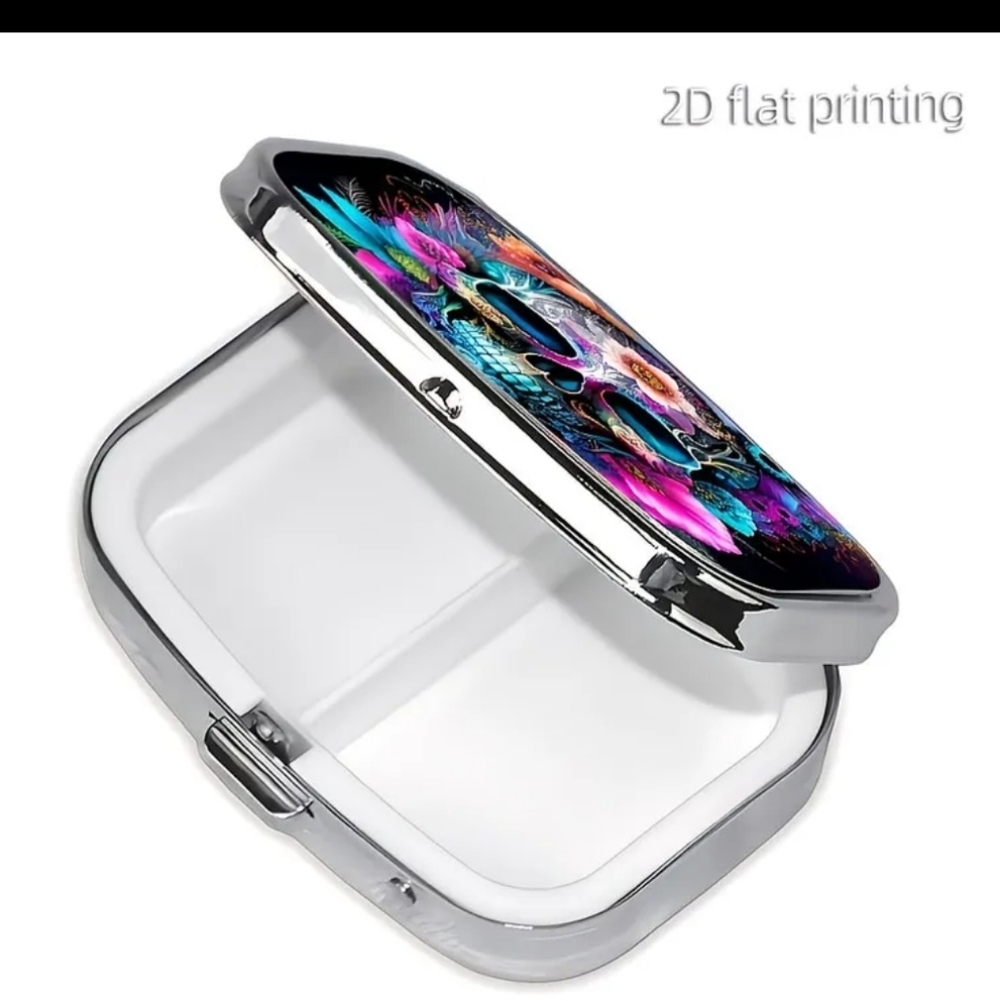 🆕️💊☠️SUGAR SKULL PORTABLE METAL PILL BOX ORGANIZER WITH MIRROR☠️💊 - Picture 13 of 13